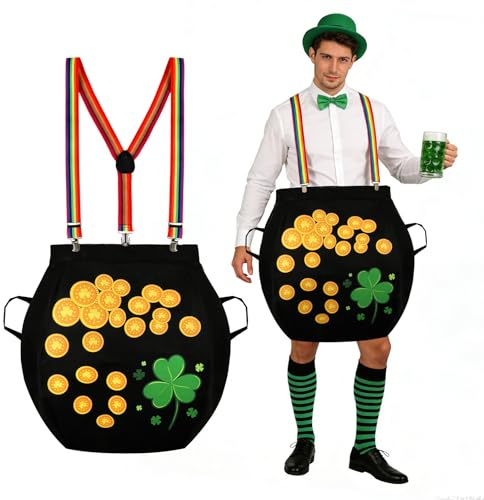 Beipegin St Patricks Day Pot of Gold Costume Adult, Plus Size Leprechaun Cauldron Coins Costume with Rainbow Shoulder Strap