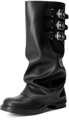 DREAM PAIRS Fold-over Knee High Boots Comfort Low Heel Slouchy Boot Stylish Buckle Long Tall Boots for Women,Size 7,Black,SDKB26007W