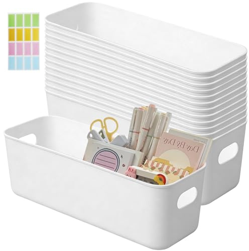 12pcs Small Narrow Storage Baskets Plastic Bathroom Storage Box (non lid) | Long White Containers with Handle, Cupboard Cabinet Organiser Deep Trays for Shelves, Kitchen, Office, Fridge, Bathroom