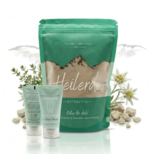 Alpine Green Clay Naturpflege-Set mit grüner Tonerde & fluoridfreie Zahncreme – Heilerde 400g & fluoridfreie Zahncreme 50ml – Mineralerde aus den Alpen für Maske, Körperpflege & natürliche Zahnpflege
