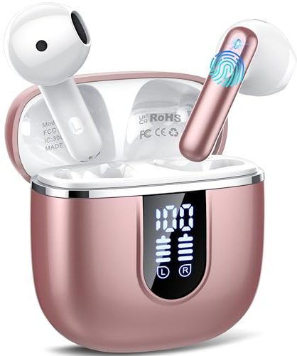 Bluetooth Kopfhörer 5.4, Kopfhörer Kabellos Bluetooth In Ear mit 6 ENC Noise Cancelling Mics, 40Std Stereo Ohrhörer mit LED Anzeige USB-C, IP7 Wasserdicht Kabellose Kopfhörer für Sport Arbeit, Rosé