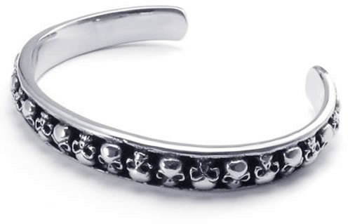 Konov Damen-Armband, Totenkopf, Gothic, Teufelskopf, Edelstahl, für Damen und Herren, Farbe: Schwarz/Silber, mit Geschenktasche.
