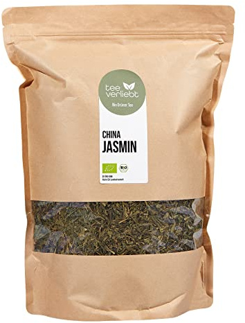 teeverliebt - Bio Grüner Tee Jasmin aus China I Grüntee Blätter mit Jasminblüten aromatisiert I Intensiver Geschmack und zarter Jasmin-Duft I aus kontrolliert biologischem Anbau I 1000g