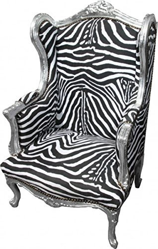 Casa Padrino Barock Lounge Thron Sessel Zebra/Silber - Ohren Sessel - Ohrensessel Tron Stuhl
