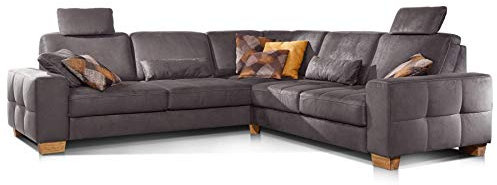 Cavadore Ecksofa Puccino mit Federkern, Bettfunktion, verstellbarer Rückenlehne und 2 Kopfstützen / Sofa gleichschenklig in L-Form im Landhaus-Design / 276 x 86 x 271 cm / Mikrofaser grau