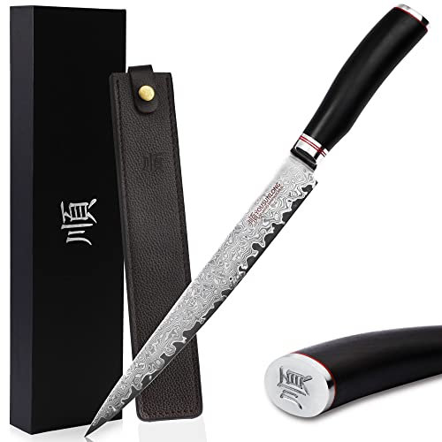 YOUSUNLONG Cuchillo para filetear cuchillo de carne Cuchillo Sashimi Pro 24.5 cm - diestro - Mango japonés Damasco VG10 hecho de ébano natural con funda de cuero