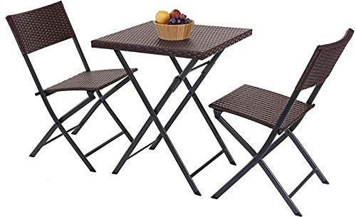 BAKAJI Set Tavolo Tavolino Pieghevole 62 x 62 cm + 2 Sedie Pieghevoli Arredo Esterno Giardino Terrazzo Struttura in Acciaio Inox e Sedute in Polyrattan (Coffee)