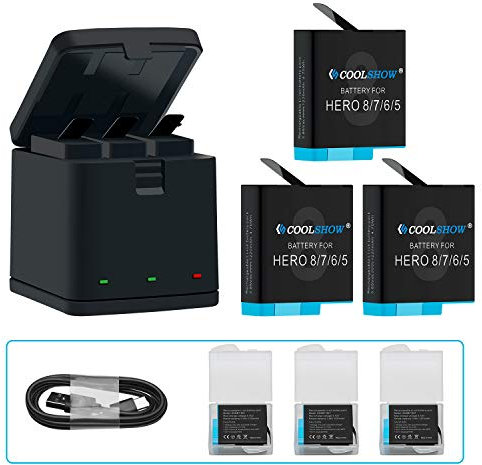 COOLSHOW Batteria 1220mAh (3 Pezzi) e Caricabatterie Triplo Compatibile Con GoPro HERO8/7/6/5 Black, Hero 2018