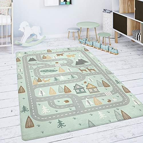 Paco Home Tapis Chambre Enfant Tapis De Jeux Tapis Bébé Route Ours Élan Arbres Vert Gris, Dimension:80 cm Rond