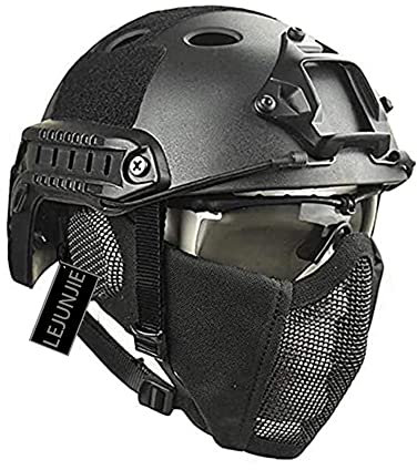 PJ Airsoft Paintball Fast Helm mit faltbarem Gehörschutz halbe Stahlnetz Maske und Brillen Set