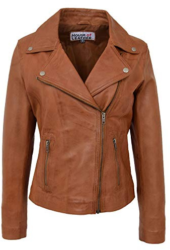 Womens Real Leather Biker Jacket Cross Zip Style Lola (8, Tan)