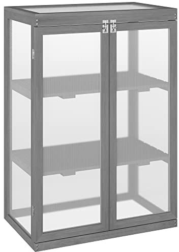 Outsunny Mini invernadero de jardín de 3 niveles, 76 x 47 x 110 cm, doble puerta de techo corredizo, madera de árbol barnizado, policarbonato