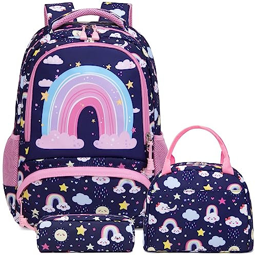 Schulrucksack Kinder Mädchen Rucksack Leichtgewicht Rucksack Regenbogen Schulranzen für Mädchen Teenager Schule,Schultasche Set mit Lunchpaket Tasche und Mäppchen,passend 15 Zoll Laotop