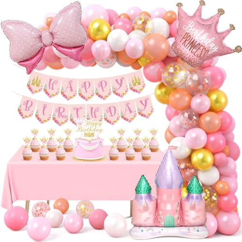 Tacobear Geburtstagsdeko Mädchen, Prinzessin Geburtstag Party Deko Rosa Luftballons Mädchen mit Cupcake Topper Happy Birthday Banner Prinzessin Krone Ballon für Kindergeburtstag Deko Mädchen
