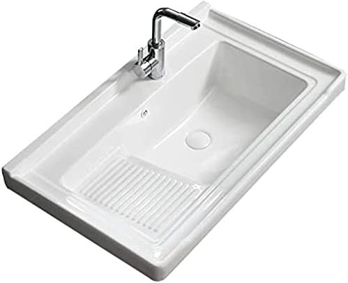 DIE Großes Badezimmer-Waschbecken, Rechteckig, Keramik, Balkon, Waschbecken, Halbeinbau-Wäschewanne Mit Waschbrett Und Wasserhahn,Weiss,82 X 48 cm,Constructive23