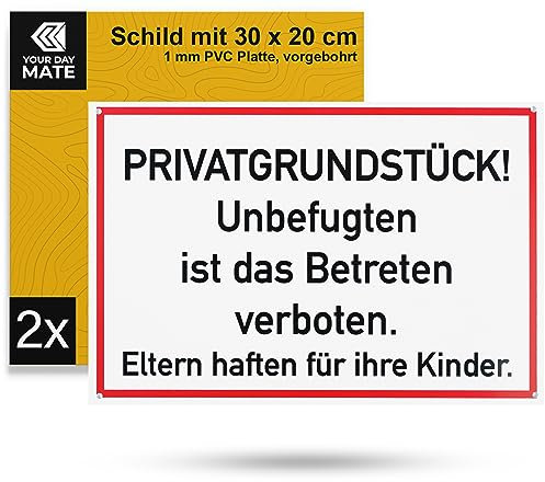 Hinweisschild PRIVATGRUNDSTÜCK! Betreten verboten!, 2 Stück, 30 x 20 cm, 1 mm starkes PVC Schild mit Bohrlöchern, Schilder Grundstück betreten untersagt, Achtung Unbefugte verboten Warnhinweis