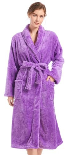 Inner Wish Peignoir en polaire pelucheuse pour femme, peignoir de spa confortable et chaud avec poches (gris clair + rose rouge), violet, Small-medium