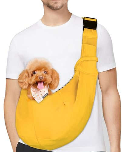 PETLOFT Tragetuch Hund, Reversibel Kleine Hundetrage, Einstellbar Pet Tragetuch, Freisprecheinrichtung Cross-Body Carrier mit Halsband für Hund/Katze/Hase (Gelb)
