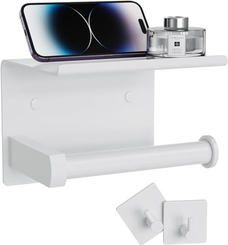 Tindbea Porte Papier Toilette Mural avec Tablette + Crochets pour Serviettes et Peignoirs, Porte-Rouleaux de Papier Hygiénique en Acier Inoxydable à Fixer au Mur par Adhésif ou par Vis (Blanc)