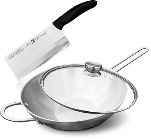 Zwilling TwinNova3 Wok pfanne Induktion 30 cm mit Glasdeckel + Chinesisches Kochmesser 18cm, 3 tlg, Wokpfanne Unbeschichtet, Spülmaschinenfest, rutschfester Griff, FÜR ALLE HERDARTEN, Silber