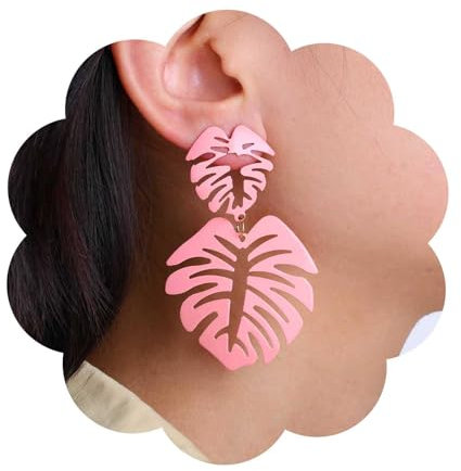 Dervivea Boho Palm Leaf Dangle Earrings Pink Leaves Stud Earrings Monstera Leaf Earrings Enamel Leaf Drop Earrings Metal Leaves Earrings Jewelry for Women