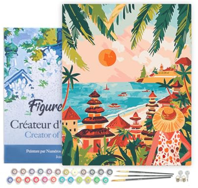 Figured'Art Peinture par Numéro Adulte avec Cadre Bali au coucher du soleil - Activité Manuelle Kit de Loisir Créatif DIY Numéro d'Art Complet - 40x50cm toile tendue sur châssis