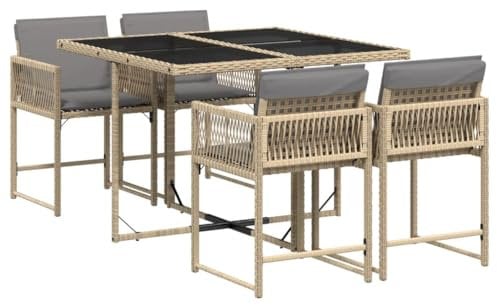 vidaXL Garten Essgruppe 5-TLG., Gartenmöbel Set Tisch mit 4 Stühle, Gartengarnitur mit Kissen, Sitzgruppe Essgarnitur Terrasse, Beigemischung Poly Rattan