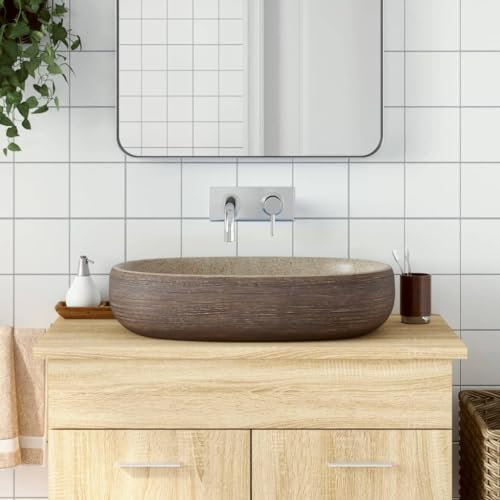 Furniture Item Home Aufsatzwaschbecken Sand und Braun oval 59x40x14cm Keramik-Möbel