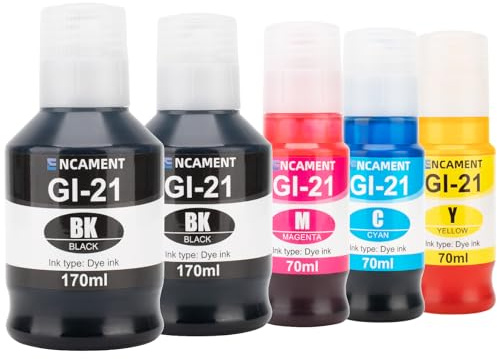 ENCAMENT GI-21 G3270 G3260 Ink Refill Bottles Compatible for Canon MegaTank Printers GI21 PIXMA G1220 G1230 G2260 G2270 G3260 G3262 G3270 G3272 G3290 G4270 G4280, 2BK C M Y 5 Pack
