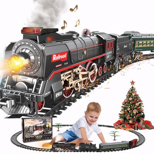 Elektrische Zug Spielzeug, Eisenbahn Kinder Elektrisch, Dampfzug Spielzeug mit Schienen, Dampf, Licht & Sound, Elektrische Eisenbahnsets, Weihnachtszug Modell Geschenke für Kinder ab 3 Jahren