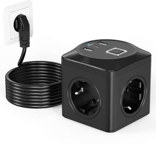Steckdosenwürfel mit USB,6 in 1 Steckdosenleiste USB Mehrfachsteckdose mit USB steckdosenwürfel mit überspannungsschutz 3680 W mit Schalter,Verlängerungskabel 2M Mehrfachstecker für Büro(Schwarz)