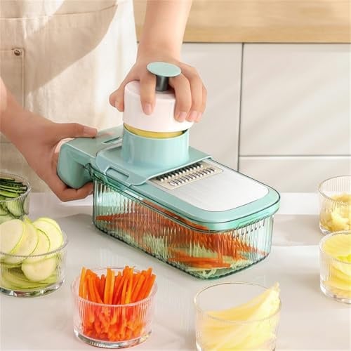 FUANA Multifunktionaler Gemüsezerkleinerer für Obst und Salat, 5 austauschbare Edelstahlklingen, Scheibenrost Julienne, Küche Lebensmittelschneider Cutter Küche Kochgeschirr