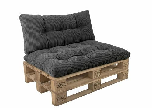 POKAR Palettenkissen 2er Set: Sitzkissen 120x80 + Rückenkissen 120x40 aus Cordstoff | Gesteppte Palettenauflage | Loungekissen für Palettensofa und Gartenmöbel | Oeko-TEX | Made in EU | Dunkelgrau