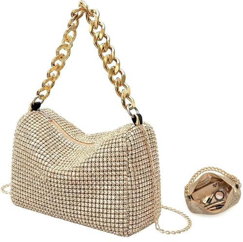 Elegante Abendtasche, Goldene Clutch-Abendtasche,Damen Clutch Elegante Brauttasche,Stilvolle Goldene Handtasche für Partys,Gold-ene Glänzende Ketten-Umhängetasche,Für Versammlungen, Partys,Abendessen