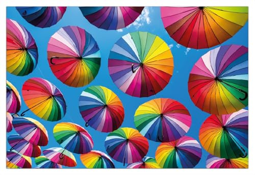 Wallario Wandbild aus Acryl, 60 x 90 cm, freischwebende Optik - Bunte Regenschirme vor blauem Himmel