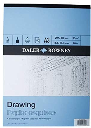 Daler-Rowney Smooth, Drawing Paper, Smooth Surface, 96 gsm, 65lb, Pad, Glued 1 Side, Drawing, A4 - approx. 8.3 x 11.7in - 21 x 29.7 cm, Natural White, 50 Sheets