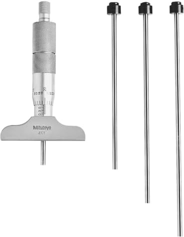 Mitutoyo 129-127 Depth Micrometer, 0-4 Range, 0.001 Resolution, 2.5 Base, 4 Interchangeable Measuring Rods (1 In/25.4mm increments), for Fine Measurements in Machining Applications