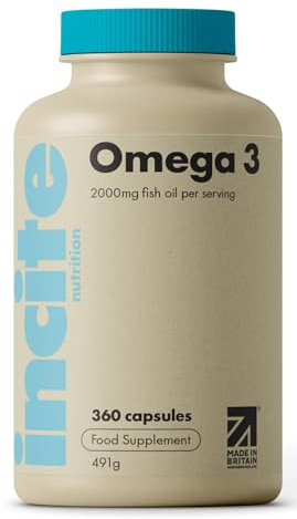 Incite Nutrition Omega 3 Fish Oil Capsules 2000 mg. 360 Softgels. 6 Month Supply of High Strength Omega 3 Fatty Acids with EPA & DHA. Non-GMO, UK Made, No Fishy Aftertaste