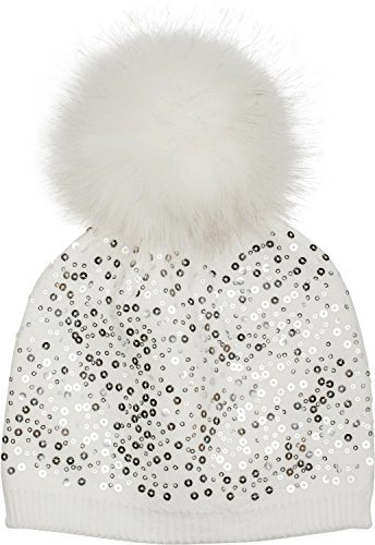 styleBREAKER Feinstrick Bommelmütze mit Pailletten und abnehmbarem Kunstfell Bommel, Fellbommel Mütze, Damen 04024134, Farbe:Weiß