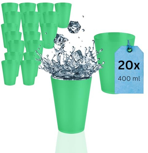 S&S-Shop Lot de 20 gobelets en plastique rigide 400 ml, verts, réutilisables, verres à cocktail, camping, vaisselle pour enfants, JGA, gobelets à beerpong, gobelets empilables, gobelets de fête,