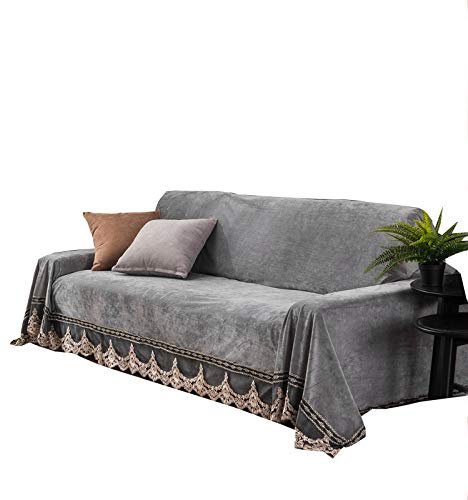 JYPHM Plüsch Sofa Schonbezug Vintage Spitze Wildleder Couch Abdeckung Anti-Slip Einfarbig Anti-Staub Fleckenschutz Möbel Protector für Haustier Hund & Kinder 4 Sitzer Grau 200x350cm(79x138inch)