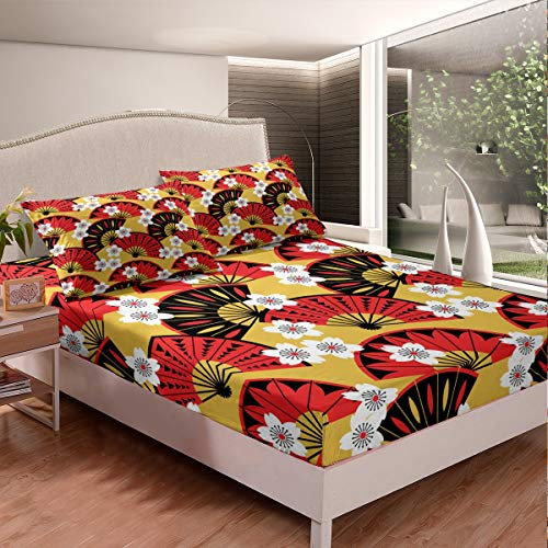 Tbrand Cherry Blossoms Fitted Sheet Girls Exotic Japanese-Style Bedding Set Japanese Fan Design Bed Sheet Set for Children Kids Room Decor Chic Black Red Yellow Bed Cover Single Size