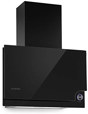 Klarstein Amelia - Hotte aspirante, Hotte inclinée dégagée, Design plat, 123 W, 586 m³/h, Éclairage LED : 3 W, 3 niveaux de puissance, Bouton rotatif tactile éclairé, 60 x 47 x 23,5 cm, noir
