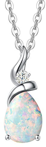 FANCIME Solide 14 Karat 585 Weiß Gold Tropfen Anhänger mit 925 Sterling Silber Kette Halskette mit Natürlich Opal und echt Diamant Schmuck für Damen mit Geschenk Box - Kettenlänge: 40 + 5 cm