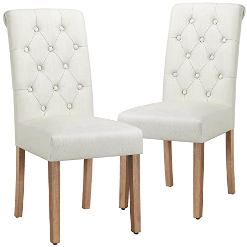 Yaheetech Lot de 2 Chaises de Salle à Manger Tissu Lin Dossier Haut Beige | Assise Épaisse Confortable, Pieds en Chêne Massif, Capacité 125 kg, Montage Facile, Design Moderne pour Salle à Manger, Salon