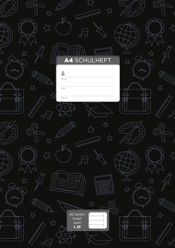 A4 Schulheft für „Vielschreiber“, 80 Seiten, liniert mit Rand (Lineatur 25), weißes Papier: Cover-Farbe: schwarz, Illustration: Schule, (10 ... Seitenzahlen, Adressteil, und Kalender 2022