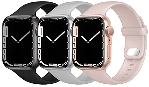 Lobnhot Compatible pour Bracelet Apple Watch 45mm 42mm 44mm,Bracelet de Remplacement en Silicone Sport Doux Compatible avec iWatch Series 7 SE 6 5 4 3 2 1 Femmes Hommes (Noir/Gris/Sable Rose)