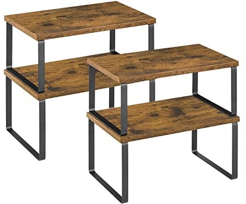 UOMIO Küchenregale Stapelbar Gewürzregal 4er Set Küchenschrank Organizer Erweiterbar Aufbewahrung Regaleinsatz Rack aus Metall mit MDF-Platte Gewürzhalter Lagerregal für Geschirr Gewürze - Braun