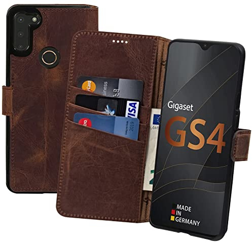 Suncase Book-Style Hülle kompatibel mit Gigaset GS4 Leder Tasche (Slim-Fit) Lederhülle Handytasche Schutzhülle Case mit 3 Kartenfächer in antik-Coffee