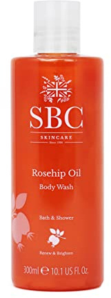 SBC Skincare Rosehip Oil Body Wash 300ml, Anti-Ageing Bath and Shower Body Wash with Rosehip Oil and Vitamins A, C and E, Delicate Scent